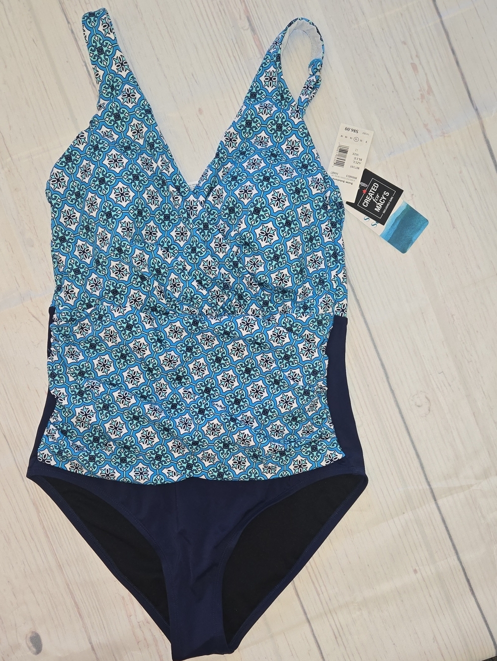 SWIM SOLUTIONS Blue Tile-Print One-Piece Swimsuit Tummy Control Bust Support NWT